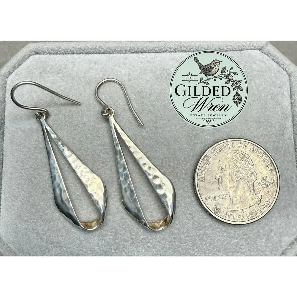 925 Sterling Silver Hammered Teardrop Ribbon Dangle Earrings 2.3” 4.54g